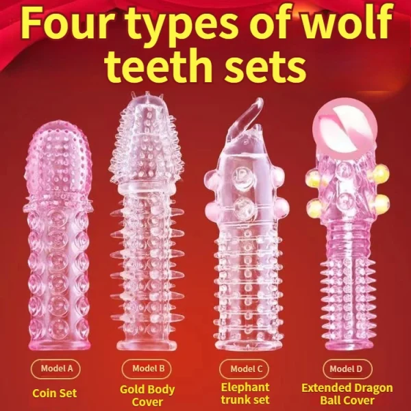 Wolf Tooth condoms, 1 set of 4 different shapes,dynamic large particles, longer and thicker, fast desensitization, conquer your girlfriend, double the pleasure, reusable! Fun adult sex products