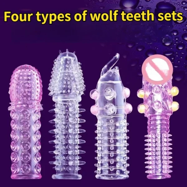 Wolf Tooth condoms, 1 set of 4 different shapes,dynamic large particles, longer and thicker, fast desensitization, conquer your girlfriend, double the pleasure, reusable! Fun adult sex products - Image 2