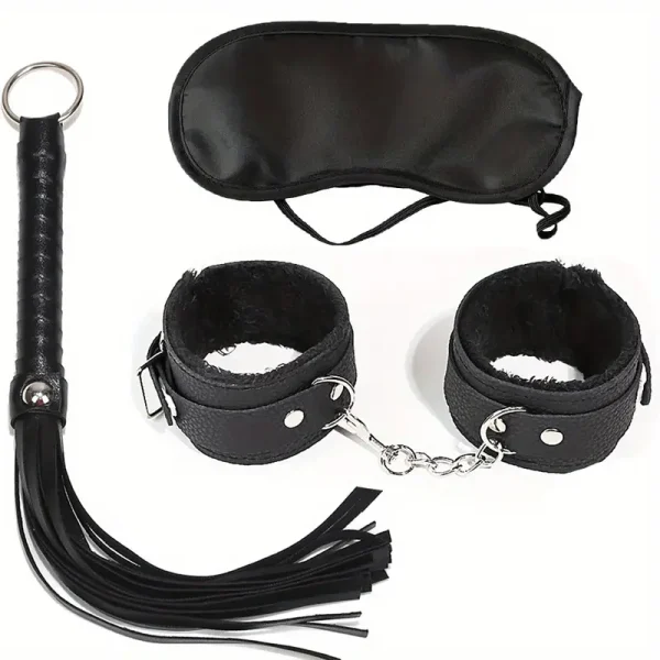 3-Piece Set of Plush Faux Leather Bondage Handcuffs, Black Whip and Blindfold - Great for Couples Flirting and Sensual Play - Image 3