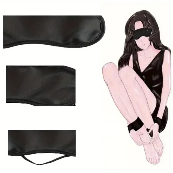 3-Piece Set of Plush Faux Leather Bondage Handcuffs, Black Whip and Blindfold - Great for Couples Flirting and Sensual Play - Image 2