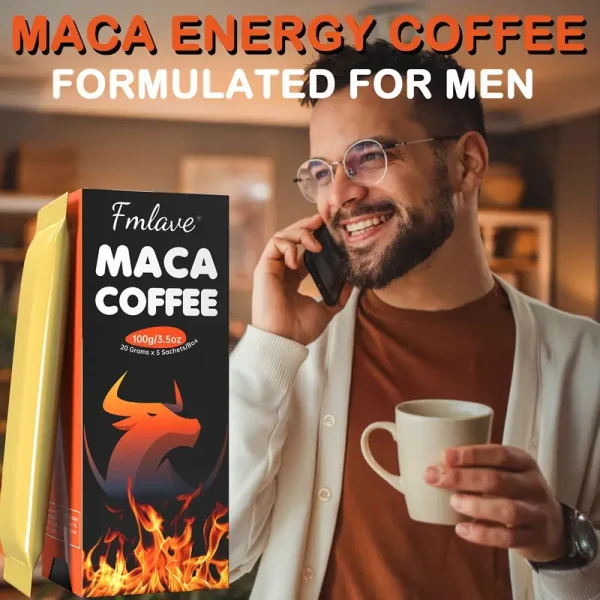 Men's Maca Energy Coffee, Cold Brew Arabica Coffee Bean Powder with Maca Root, Dandelion, Eastern Ginseng, Ginseng, Cordyceps sinensis, South African Golden Flower, Enhance Vitality, 3.5 oz, 5 Packages - Image 5