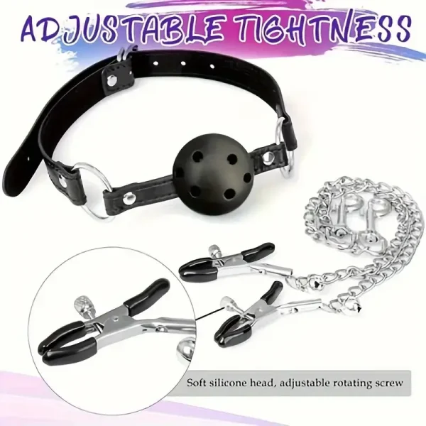 BDSM Restraint Set with Couples Ball Gag, Nipple Clamps, Labia Clamps and Anal Plug - Durable Leather Collar and Chain for Adult Play Valentine's Day Gift - Image 3