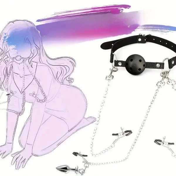 BDSM Restraint Set with Couples Ball Gag, Nipple Clamps, Labia Clamps and Anal Plug - Durable Leather Collar and Chain for Adult Play Valentine's Day Gift - Image 4