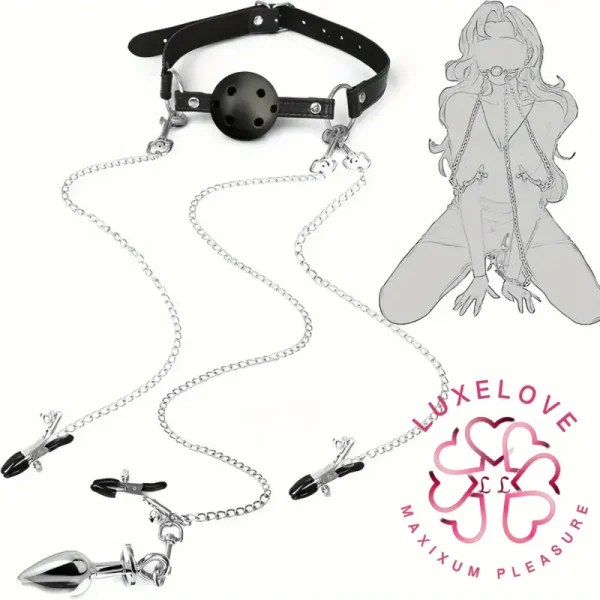BDSM Restraint Set with Couples Ball Gag, Nipple Clamps, Labia Clamps and Anal Plug - Durable Leather Collar and Chain for Adult Play Valentine's Day Gift
