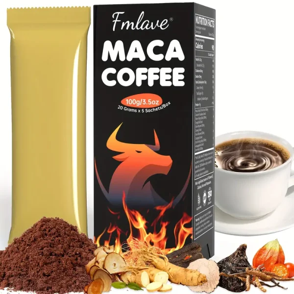 Men's Maca Energy Coffee, Cold Brew Arabica Coffee Bean Powder with Maca Root, Dandelion, Eastern Ginseng, Ginseng, Cordyceps sinensis, South African Golden Flower, Enhance Vitality, 3.5 oz, 5 Packages